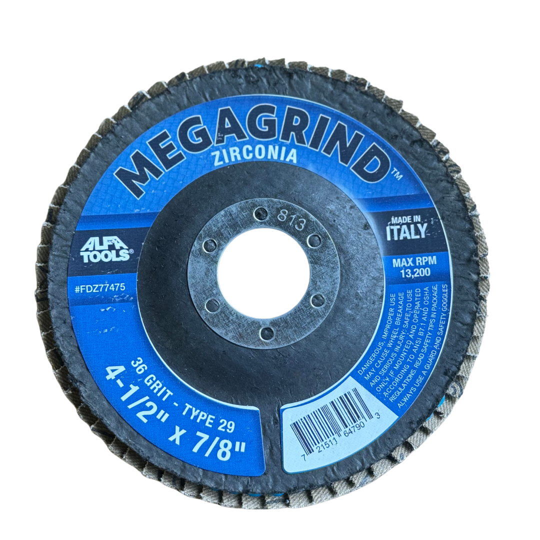 4-1/2" Flap Disc, 36 Grit Zirconia, Type 29 (Beveled) with 7/8" Arbor Hole