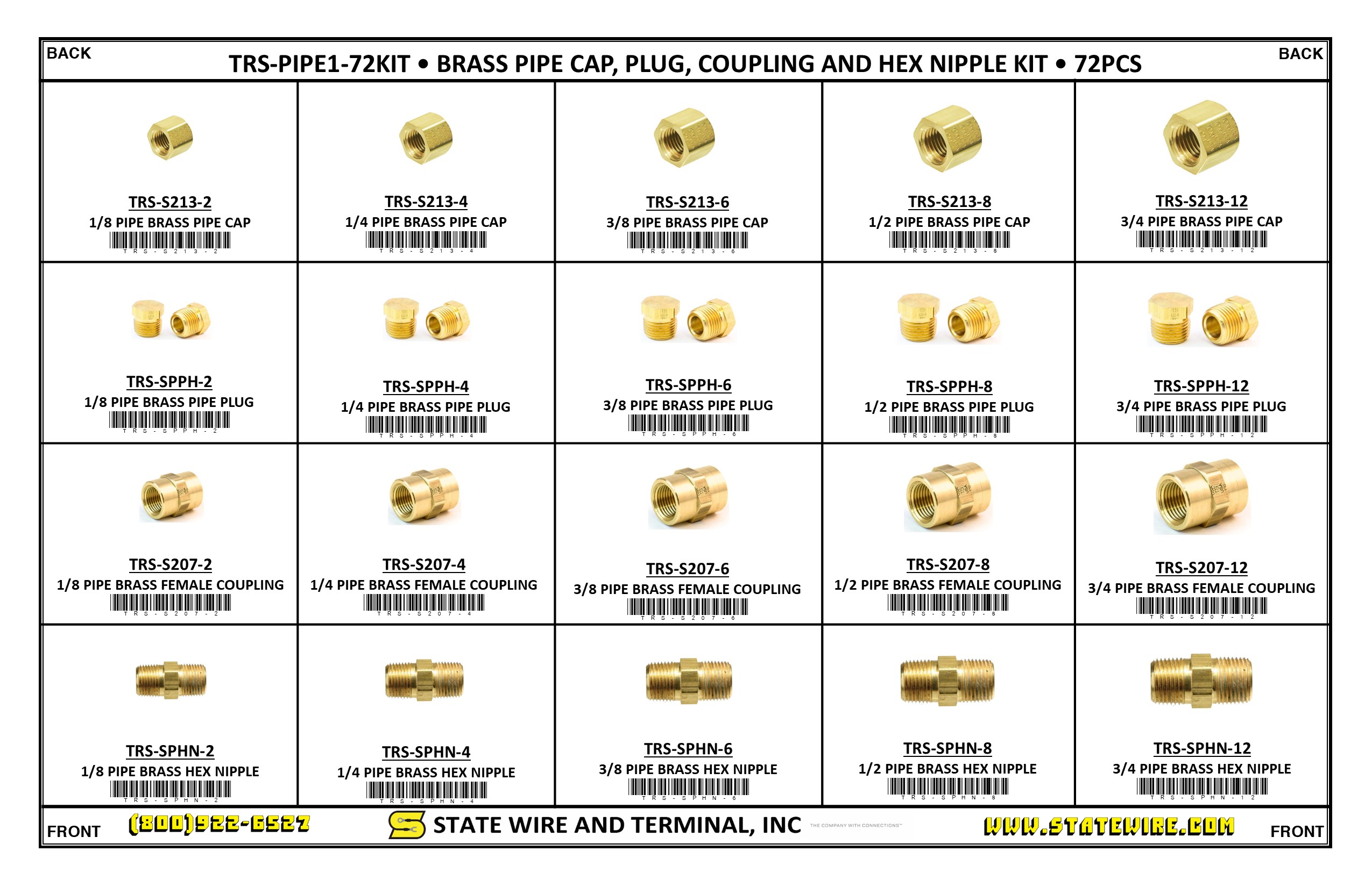Brass Pipe Cap, Plug, Coupling, and Hex Nipple Kit - 72 pieces
