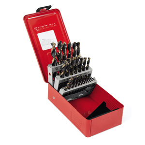 29-Piece Mechanics Length Drill Bit Set – M-7 HSS, 135° Split Point, Black & Gold Oxide Finish, 3-Flat Shanks, Twist-Top Case, 1/16"–1/2"
