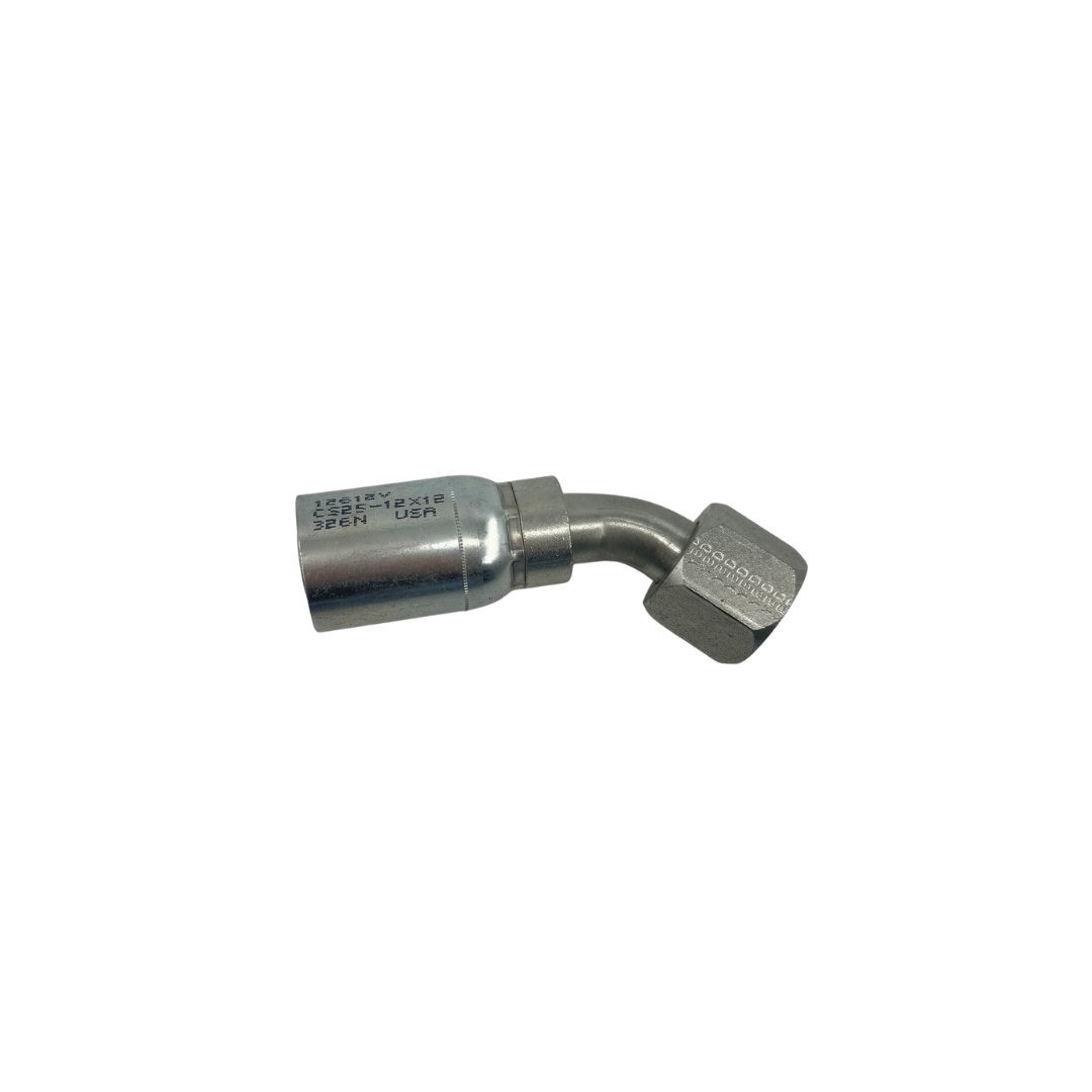Hydraulic Hose Fitting – 45° Female Swivel Elbow – JIC/SAE Dual Seat – 3/4" Hose – 1-5/16"-12 Thread – Trivalent Zinc Plated