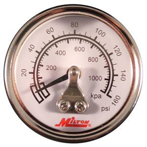 Pressure Gauge — 0–160 psi (dual scale), 1-1/2 in dial, center-back mount, 1/8 in male connection