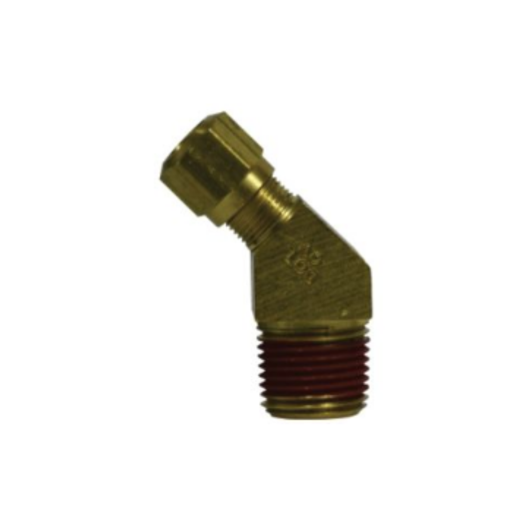 3/4" x 1/2" Brass 45° Elbow Airbrake Fitting – Tube to Male NPT, 150 PSI, SAE J844 Nylon Tubing