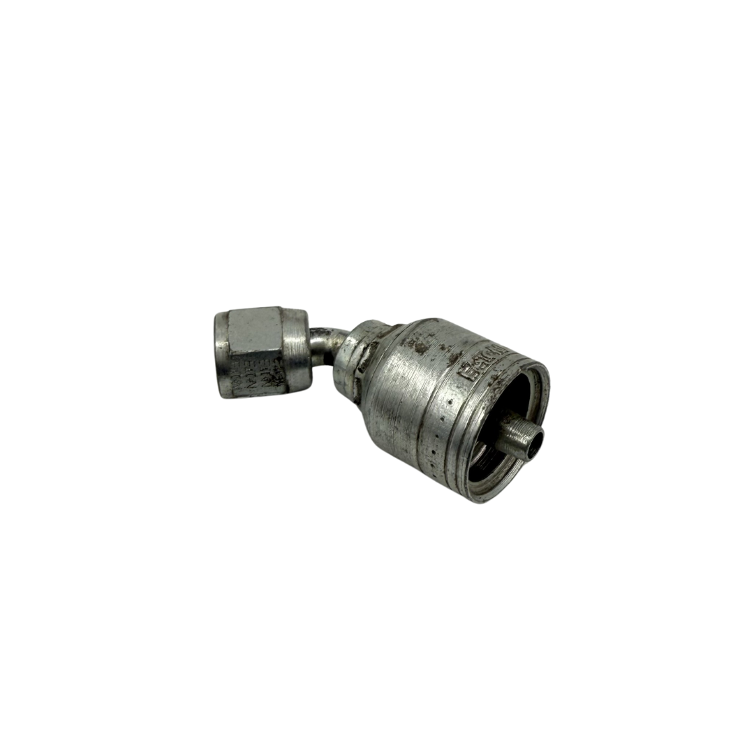 Crimp JIC 37° Female Swivel Hydraulic Hose Fitting – 45° Elbow, 1/4" Hose x 7/16"-20, Zinc-Plated Steel