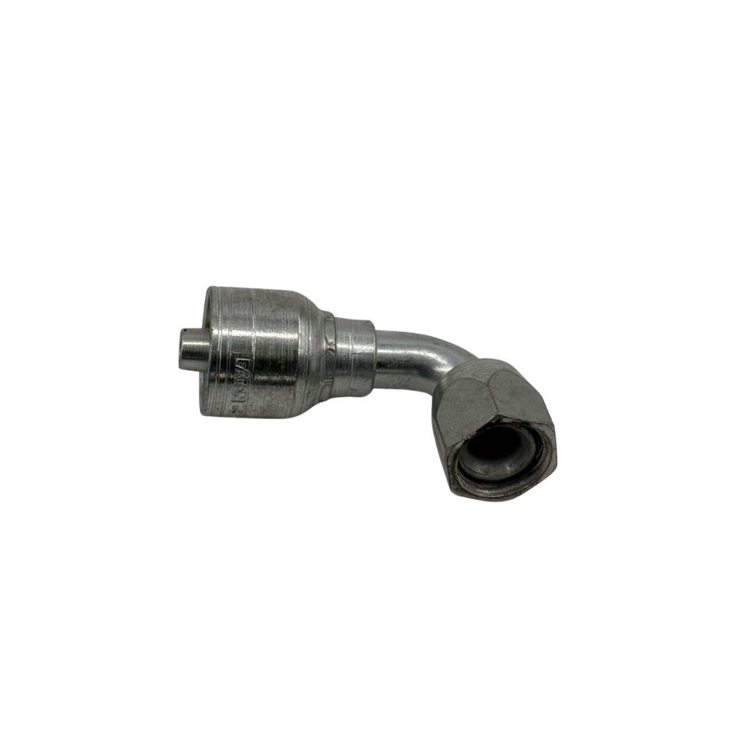 Crimp JIC 37° Female Swivel Hydraulic Hose Fitting – 90° Elbow, 3/8" Hose x 9/16"-18, Zinc-Plated Steel