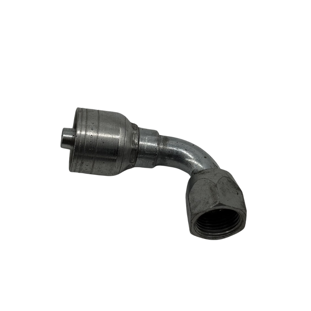 Crimp JIC 37° Female Swivel Hydraulic Hose Fitting – 90° Elbow, 3/8" Hose x 3/4"-16 (1/2" FJIC), Zinc-Plated Steel