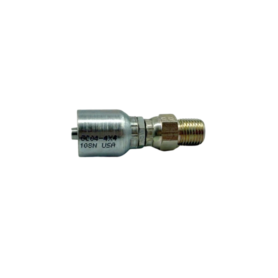 Hydraulic Hose Fitting – Straight Male Swivel – Grip Crimp – NPTF – 1/4" Hose x 1/4"-18 Thread – Trivalent Zinc Plated