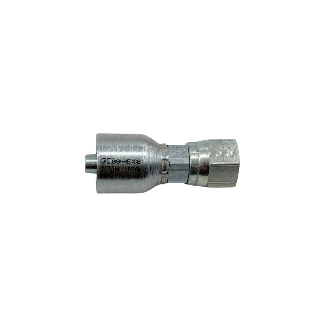 Hydraulic Hose Fitting – Straight Female Swivel – Grip Crimp – JIC 37° Flare – 3/8" Hose x 1/2"-16 Thread – Trivalent Zinc Plated