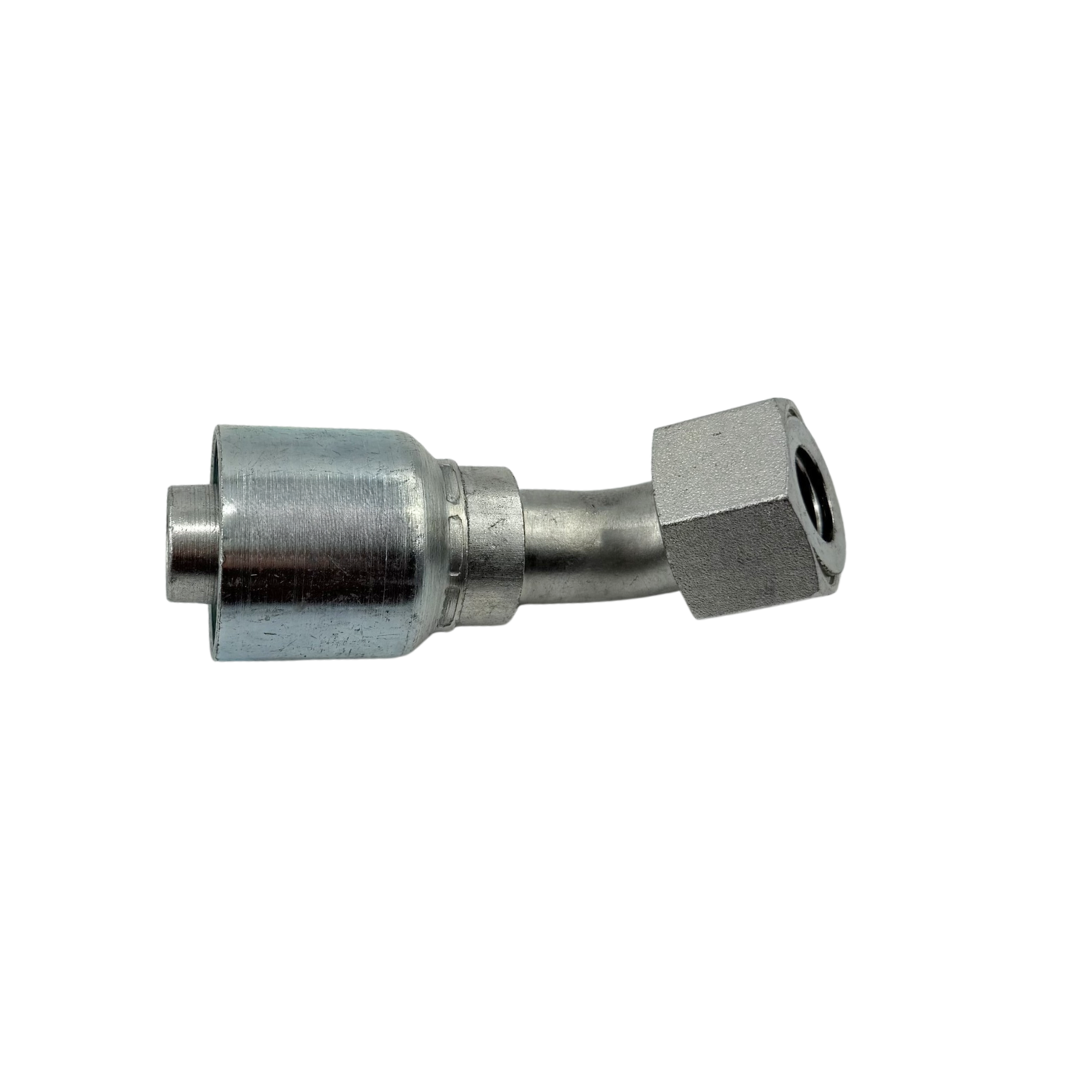 3/8" Hydraulic Hose Fitting – 45° Female Swivel, O-Ring Face Seal (ORFS), Grip Crimp, Zinc-Plated (GC31-6X6)